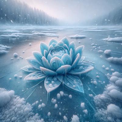 The primary subject of the image is a beautiful blue flower, which is the main focus of the scene. The flower is situated in a snowy environment, with a frozen lake in the background. The visual style of the image is a digital art or illustration, creating a captivating and serene atmosphere. The dominant colors in the image are blue and white, which contribute to the overall mood of the scene.